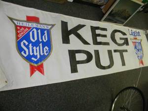 lot 5 image: VINTAGE OLD STYLE BEER KEG PUT CANVAS SIGN WITH ROPES - VERY UNIQUE SIGN FOR THE CAVE - APPROX 120 BY 34 - NICE CONDITION FOR ITS AGE - SEE PICTURES