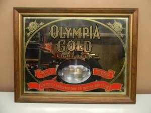 lot 8 image: VINTAGE OLYMPIA GOLD MIRROR BAR SIGN - NICE - APPROX 27 BY 21 - SEE PICTURES