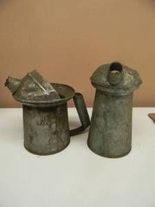 lot 29 image: 2- Vintage Galvanized Metal Oil Can Dispensers with Rigid Pour Spouts - WITH EMBOSSED ADVERTISING - SEE PICTURES
