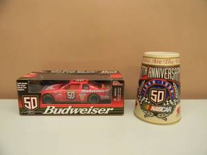 lot 45 image: BUDWEISER 50TH ANNIVERSARY 124 SCALE STOCK CAR REPLICA - NEW IN BOX - NICE PIECE - WITH 50TH ANNIVERSARY STEIN - NICE - SEE PICTURES
