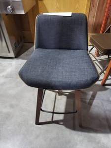 lot 129 image: Corazza Mid-Century Modern Walnut Wood and Charcoal Fabric Counter Stool