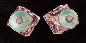 lot 14 image: Set of Two Crystal Salt & Pepper Shakers w Sterling, Aqua-Enameled Tops