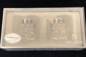 lot 17 image: Set of Two Crystal Salt & Pepper Shakers w Sterling, Sky Blue-Enameled Tops, New in Box