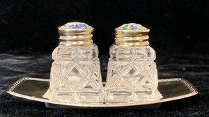 lot 18 image: Dainty Set of Two Crystal Salt & Pepper Shakers w Sterling, Enameled Tops on a Silver-Plate Tray