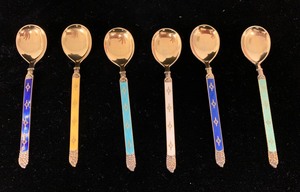 lot 21 image: Set of Six Sterling, Gilt Wash Enameled Demitasse Spoons by Hestenes in Vintage Case.