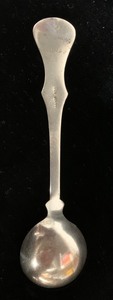 lot 26 image: Round Sterling Silver Berry Spoon - Flat Rose Pattern by M Aase, engraved 1916