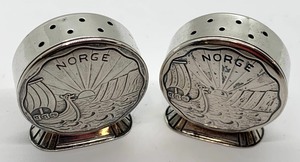 lot 29 image: Rare Theodore Olsen Sterling Silver Norge Salt and Pepper Shakers Embossed w Viking Ship at Sunset