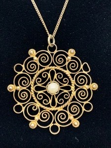 lot 59 image: Round Gilt-Wash Silver Filigree Medallion on 17 Chain