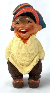 lot 89 image: Henning Hand-Carved Wooden Figure of Laughing Norwegian Boy w Red and Blue Hat