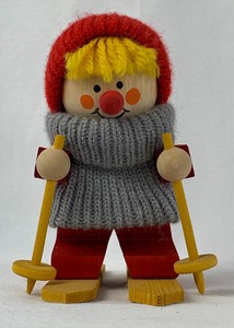 lot 92 image: Wooden Skier Figurine w Knit Sweater and Cap