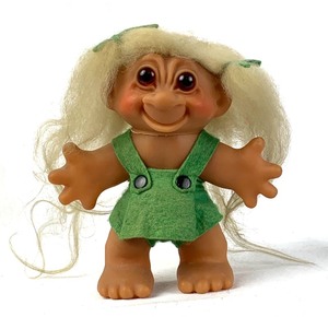 lot 94 image: Large 6 Tall, 1960s Long-Haired Blond Troll in Green Felt Skirt, by TH. Dam. Original Tags Attached