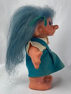 lot 95 image: Large 7 Tall, 1960s Long-Haired Troll in Original Blue Felt Skirt with White Blouse PLUS It Is A Bank