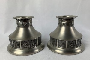 lot 124 image: A Pair of Vintage Savo Pewter Candle Holders w Geometric Pattern