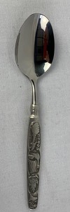 lot 135 image: Konge Tinn Pewter Decorative-Handle Teaspoon w Norwegian Scenes of Deer, Ships and Map