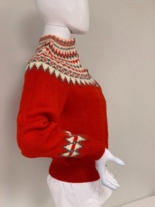 lot 141 image: Vintage Knut Erichsen of Norway Hand Knitted RedCreamGrey Wool Cardigan Sweater, Ladies XS or Child L
