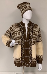 lot 142 image: A.S. Evebfoss CreamBrown Norwegian Wool Cardigan Sweater and Hat, size 44, Ladies Small