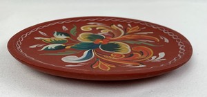 lot 152 image: Norwegian Hand Painted Rosemaled 6-58 Wooden Folk Art Brick Red Display Plate