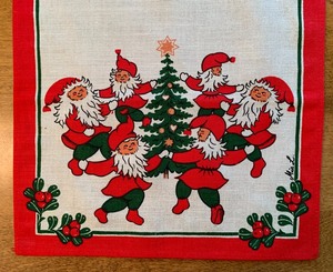 lot 149 image: Retro Scandinavian Red and White Tomte Short Christmas  Table Runner, Designed by Mia L at Frs