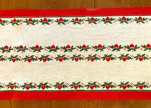 lot 151 image: Norwegian Porsgrund Hearts and Pines Pattern-Red, White and Green Christmas Table Runner, 60 long, Unhemmed