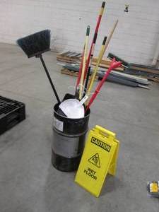 lot 58 image: Metal Drum Full of Brooms, Mop & Ca...