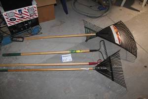 lot 117 image: Lot of (5) Yard Tools (new) - Leaf Rakes, Garden Rakes