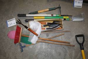 lot 115 image: Lot of (13) Yard Tools (many new) - Shovels, Rakes, Hoes, Claws, Pitch Fork, Misc. Yard and Gardening Tools