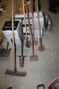 lot 121 image: Lot of (6) Yard Tools - Tiller, Edgers, Bulb Planter, Garden Rake, Chopper