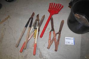 lot 130 image: Lot of (7) Yard Tools - Pruners, Plastic Hand Shovel