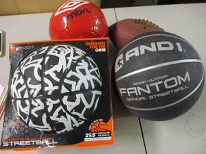 lot 68 image: soccer ball, 2 mens basketballs an...