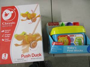 lot 161 image: Push Duck and Fisher Price Block Se...