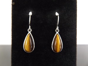 .925 Sterling Silver Tigers Eye Pear Cabochon Dangle Hook Earrings
