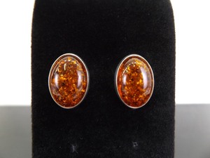 .925 Sterling Silver Amber Cabochon Post Earrings