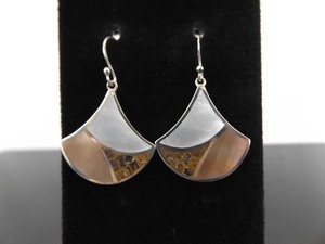 .925 Sterling Silver Tribal Inlayed Pearl Dangle Hook Earrings