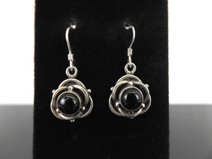 .925 Sterling Silver Black Onyx Cabochon Floral Dangle Hook Earrings
