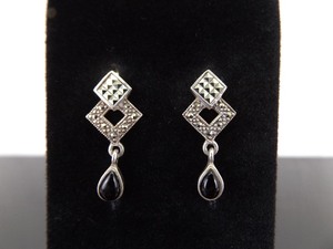 .925 Sterling Silver Art Nouveau Onyx Dangle Post Earrings