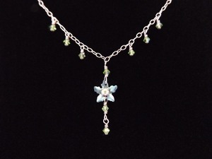 .925 Sterling Silver Peridot Crystal Green Enamel Flower Necklace