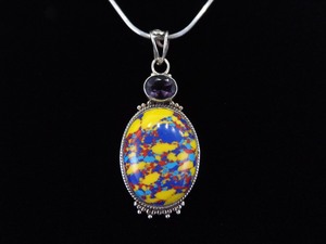 .925 Sterling Silver Multi Color Resin Cabochon Amethyst Crystal Pendant Necklace