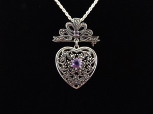 .925 Sterling Silver Art Nouveau Amethyst Heart Bow Pendant Necklace