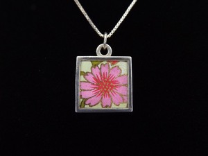 .925 Sterling Silver 2 Sided Pink and Blue Flower Pendant Necklace