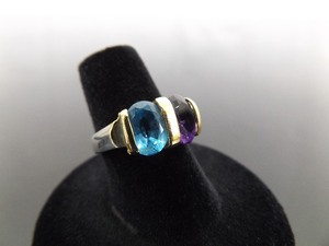 .925 Sterling Silver Oval Cut Topaz and Amethyst Ring Size 7