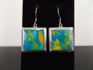 .925 Sterling Silver Blue, Yellow and Green Resin Dangle Hook Earrings