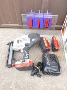 Porter Cable 20 volt stapler with 3 batteries & 1 charger. Used condition. Works but could use some cleaning & lube. As shown.