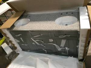 Home Decorators  Hamilton 61 in. W x 22 in. D Double Bath Vanity in Grey with Granite Vanity Top in Grey with White Sink Retails $1500 not used