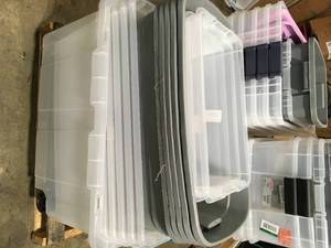 Pallet with plastic storage bins some missing tops see pictures