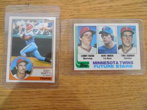 lot 135 image: 1982 Topps Kent Hrbek & 1983 Topps Gary Gaetti Rookie Cards LK