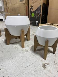10 in. and 8 in. Matte White Geometric Opening Ceramic Plant Pot on Wood Stand Mid Century Planter (Set of 2)