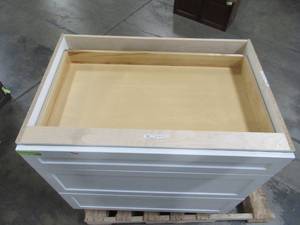 lot 217 image: Hampton Bay Designer Series Melvern Assembled 36x34.5x23.75 in. Pots and Pans Drawer Base Kitchen Cabinet in White B3PP36-MLWH