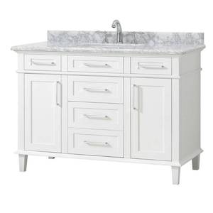 lot 413 image: Home Decorators Collection Sonoma 48 in. W x 22 in. D Vanity in White with Marble Vanity Top in White with White Basin. Damaged Bottom RH Corner of Vanity and Slight Chip on Back LH Corner of Top