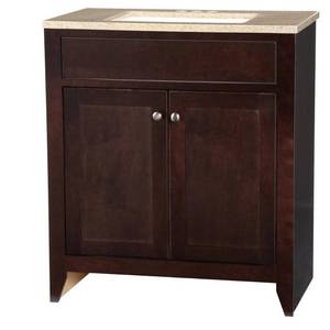 lot 419 image: Glacier Bay Modular 30-12 in. Vanity in Java with Solid Surface Vanity Top in Cappuccino with White Basin, PPDEC30-JVM - NEEDS SOME WORK.