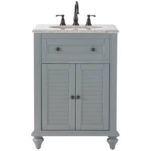 lot 421 image: Home Decorators Collection Hamilton Shutter 25 in. W x 22 in. D Bath Vanity in Grey with Granite Vanity Top in Grey, 10806-VS25H-GR - Front RH Corner of Top is Chipped.